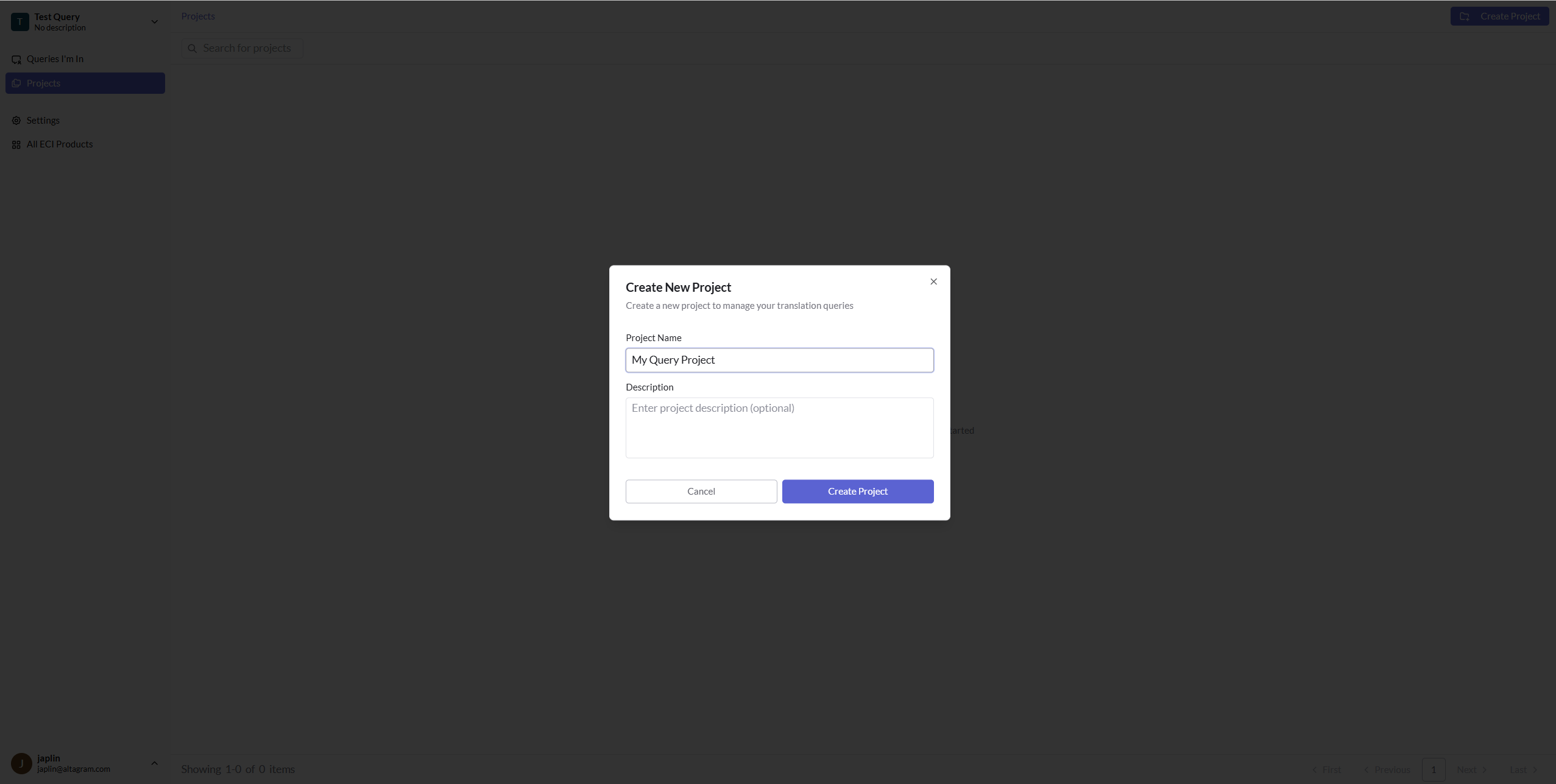Query Project interface